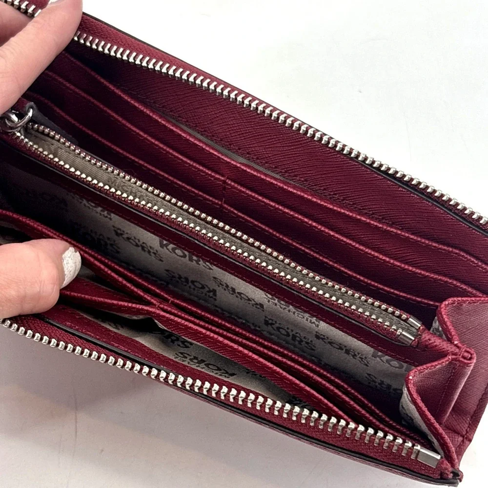 Michael Kors Large Zip Around Wallet Red Burgundy Silver Hardware